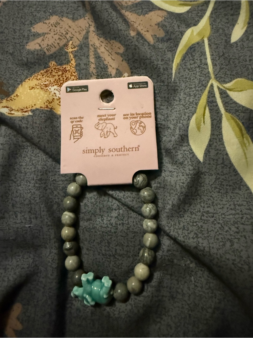 Simply Southern Gray Bead Bracelet with Turquoise Elephant Accent